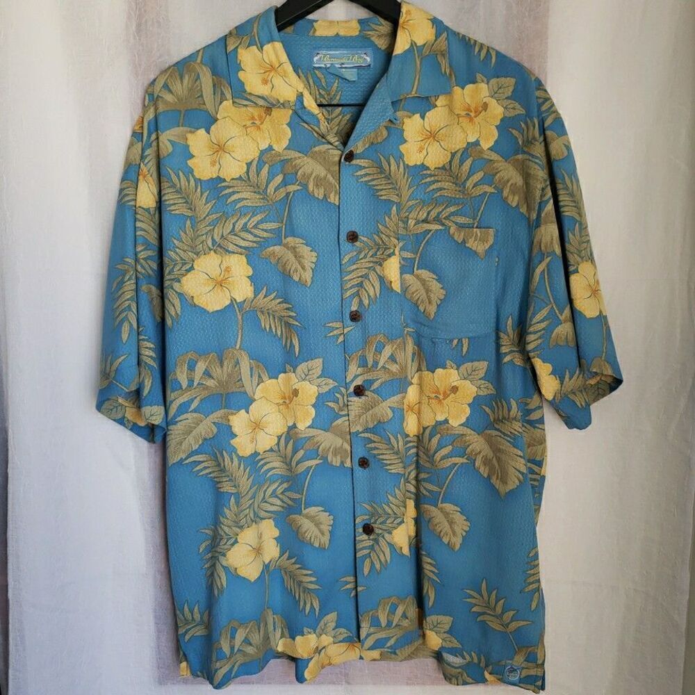 Bermuda Bay Hawaiian Shirt Men's Size L Blue Yellow Floral 100% Silk Button Up